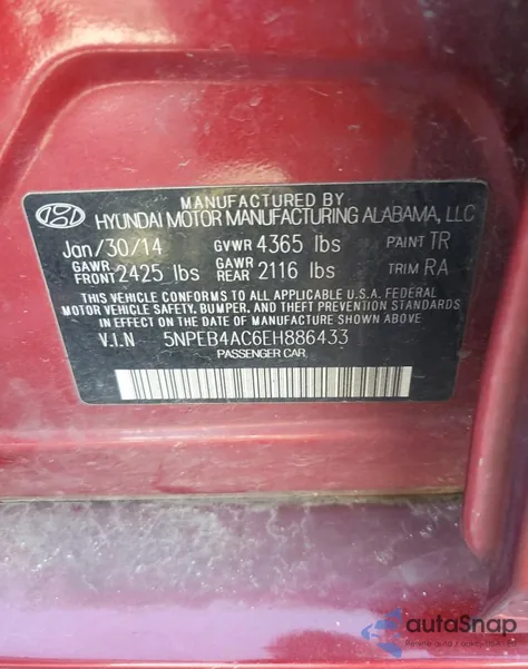 2014 Hyundai Sonata Gls z USA, uszkodzony, nr VIN 5NPEB4AC6EH886433